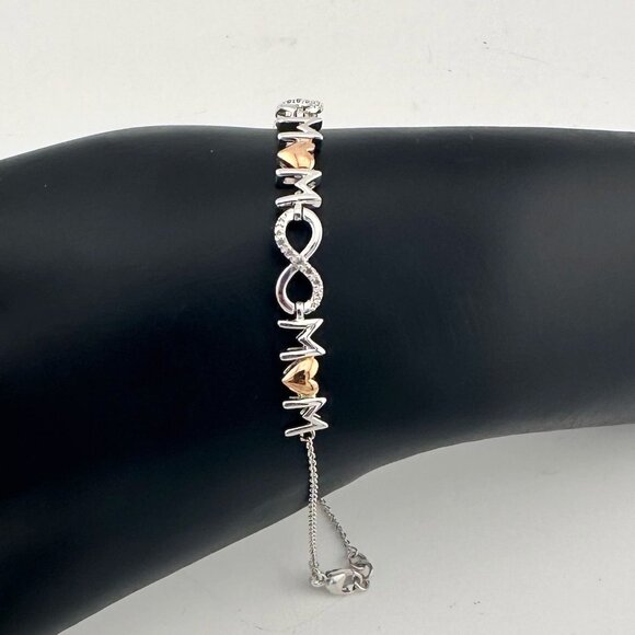 Sterling Silver "Mom" Bracelet w 14 kt Gold Overlay Hearts  & Infinity Symbols - Picture 6 of 14